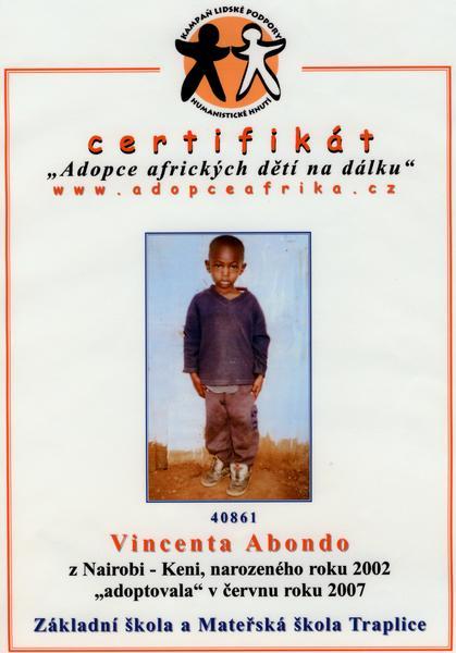 Certifikát o "adopci"  Vincenta Abonda, 419x600, 36.63 KB